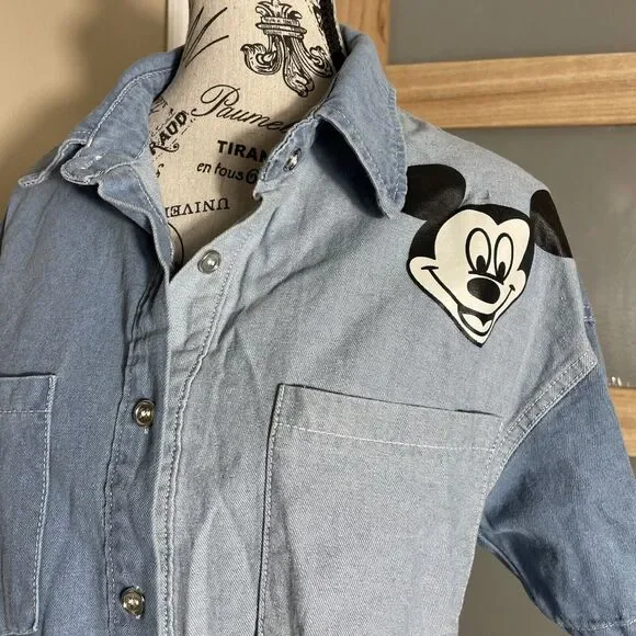 Disney Mickey Mouse Denim Button Up Shirt Women's Short Sleeve Character Top - Picture 3 of 5